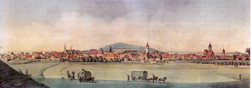 Gunzenhausen vom Bahndamm aus gesehen Lithographie um 1870