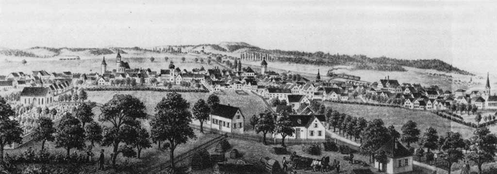 Blick vom Burgstall auf Gunzenhausen - Zeichnung von Heinrich Rührschneck aus Unterasbach (Ende 19. Jahrhundert)